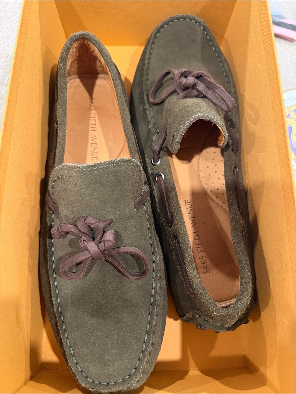 Saks Fifth Avenue Olive Suede Slip-On Driving Loafers with Brown Laces
